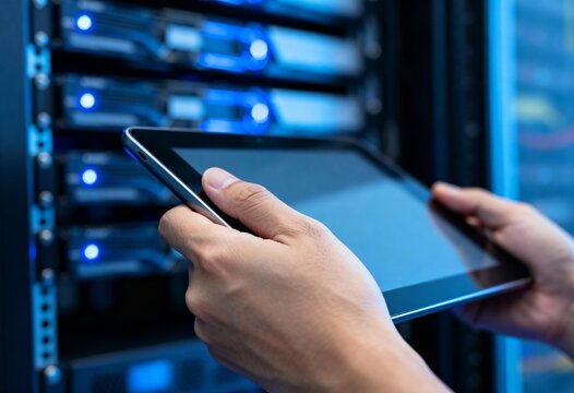Close up of hands holding a tablet device in a dark server room with blue lights on the rack.