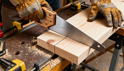 Close-up of a carpenter wearing leather gloves sawing a marked wooden plank on a dusty workstation.
