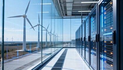 Modern data center with rows of glowing server racks facing a wall of windows revealing a wind farm.