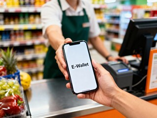 A person uses a smartphone displaying "E-Wallet" to make a contactless payment at a supermarket checkout.