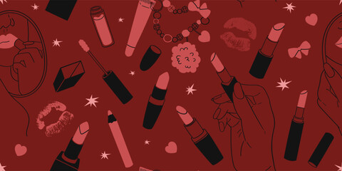 Seamless pattern with decorative cosmetics. Makeup and beauty. Lipsticks of various shapes and colors, gloss with a pendant, lip liner, hands with a mirror, lip prints. Vector illustration.