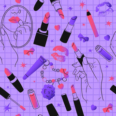 Seamless pattern with decorative cosmetics. Makeup and beauty. Lipsticks of various shapes and colors, gloss with a pendant, lip liner, hands with a mirror, lip prints. Vector illustration.