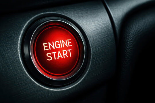 Engine start button illuminated in red light on car dashboard, symbolizing ignition and vehicle power activation, conveying modern automotive technology and convenience