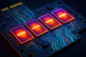 NAND memory chip circuit board glowing electronic component close up technology digital storage computer hardware blue circuit orange light microchip