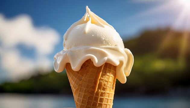 melting vanilla soft serve ice cream cone outdoors on sunny day - Powered by Adobe