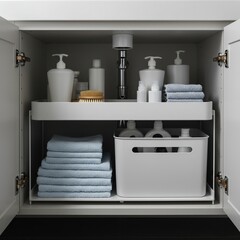 Organized modern bathroom cabinet under a sink with clean towels and various hygiene products ready for daily use and efficient storage solution ,utility ,decor ,hygiene