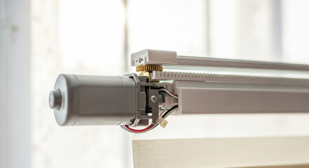 Naklejka premium Compact motor mechanism of automated window shade in a bright indoor setting near curtains