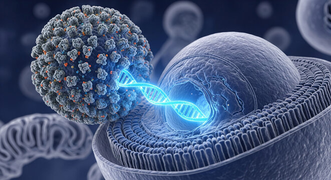 Gene therapy vector approaches defective human cell nucleus for potential treatment of genetic disorders