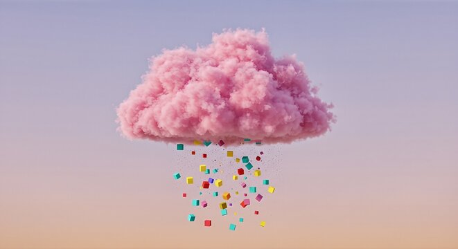 Whimsical pink cloud showers vibrant colorful cubes and confetti against a soft gradient sky, creating a joyful and imaginative visual for creative projects and celebrations