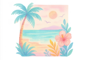 Tropical beach watercolor scene with palm tree and hibiscus flowers