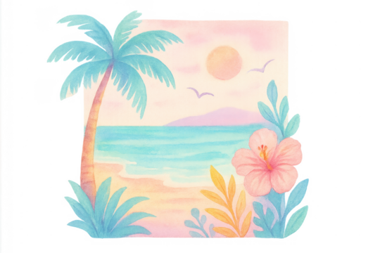 Tropical beach watercolor scene with palm tree and hibiscus flowers
