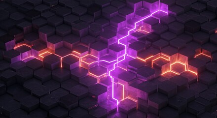 Dynamic abstract geometric background with vibrant neon energy flowing through hexagonal structures, perfect for futuristic technology and digital concepts.