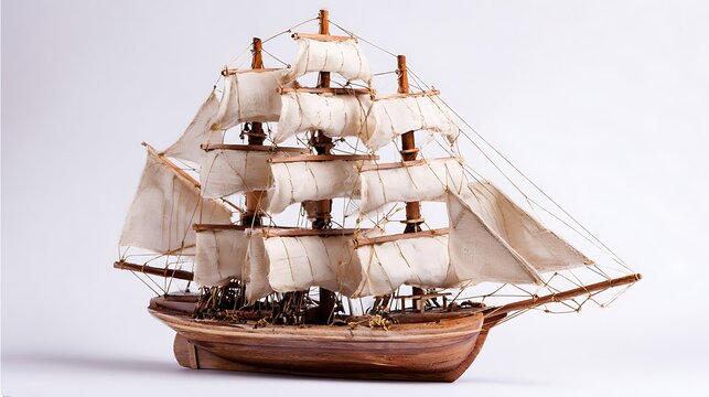 Wooden sailing ship model on white background maritime decor nautical design vintage boat collectible and historical sea adventure display element. - Powered by Adobe