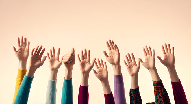 Raised Hands Diverse Group People Gestures Copy Space