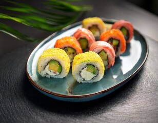 artistic display of vibrant sushi rolls on a plate indoors