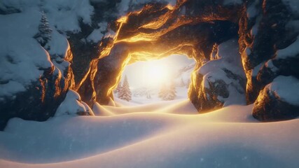 Majestic snow cave entrance illuminated by golden sunlight revealing snowy mountain landscape and pine trees falling snow serene winter wonderland - Powered by Adobe
