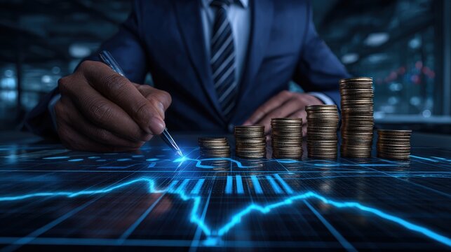 A determined professional in a sharp suit meticulously analyzes financial data, with stacks of coins representing growth. The futuristic. ..Created with Generative AI, not depicting real subjects.