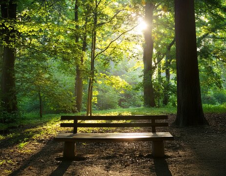 serene park bench in wooded area with sunlight streaming through trees