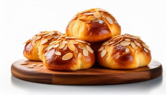 almond flavored bread rolls displayed on a rustic wooden surface isolated on white bakery concept