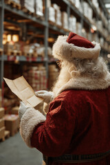 Santa Claus reading writing on gift checklist in warehouse surrounded by storage boxes
