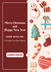 А4 Christmas and New Year banner with stylized gingerbread cookies. The cookies include a snowman, heart, and Christmas tree. Banner template for websites, flyers, covers, splash pages