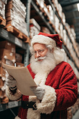Santa Claus reading writing on gift checklist in warehouse surrounded by storage boxes