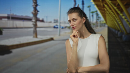 Obraz premium Woman with hand on chin standing at a street shelter under yellow canopy, arms folded and gazing forward; thoughtful reflection.