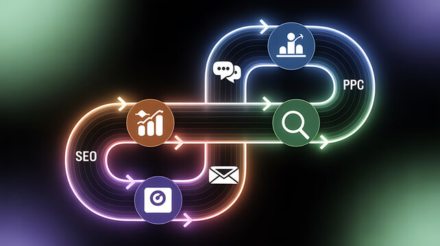 Dynamic digital marketing strategy flow chart illustrating SEO and PPC integration with data analytics and communication icons for business growth