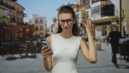 Woman holding smartphone and raising hand in a street cafe terrace while frowning at screen; digital frustration.