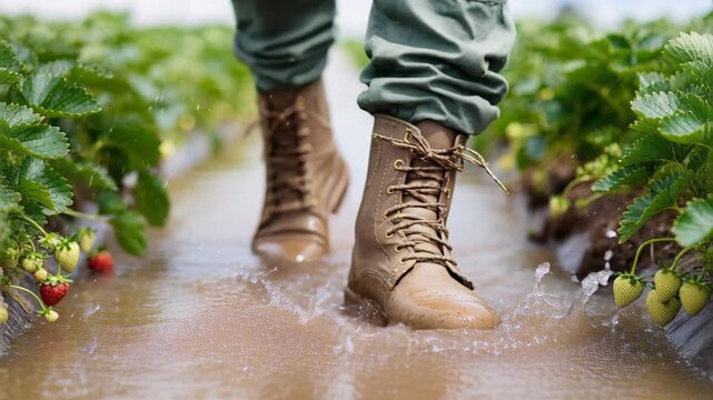 A person wearing sturdy brown boots walks through a shallow puddle in a lush strawberry field, splashing water.