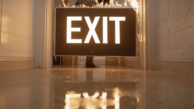 A person running through a flooded hallway towards a burning exit sign, reflecting in the wet floor.