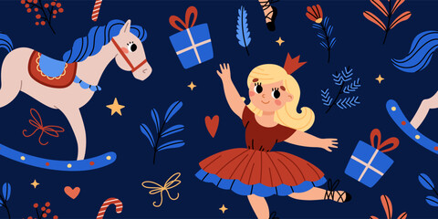 Nutcracker, Christmas seamless pattern. Princess, horse, presents and decorative elements. New Year's wooden toys. Cartoon vector illustration on dark blue background.