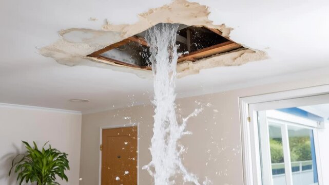 A home ceiling is heavily damaged with a large hole, and water is actively gushing down, indicating a significant leak.
