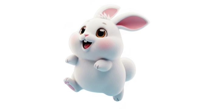Cute fluffy white bunny toy holding a carrot with pink ears and cheeks transparent background - Powered by Adobe