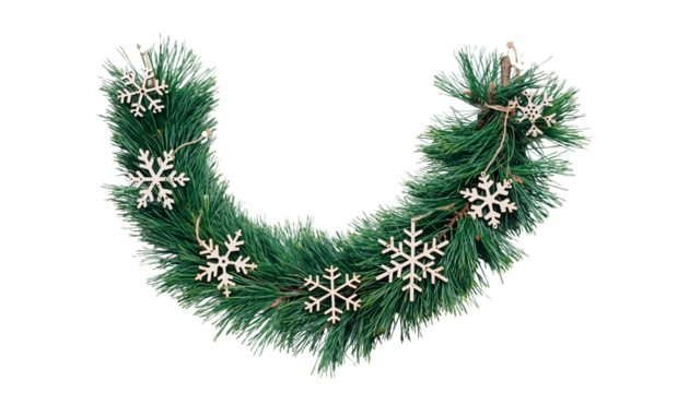 Festive green garland adorned with white snowflakes, perfect for holiday decoration or seasonal displays, png with transparency