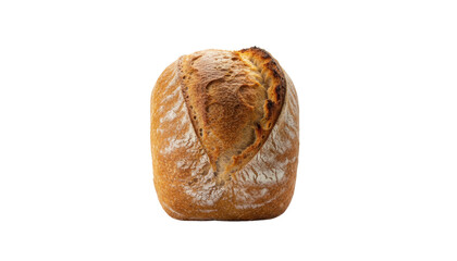 Freshly baked artisanal bread loaf with a golden crust and flour dusting, displayed prominently against a clean background on white