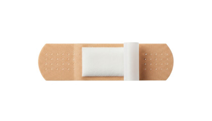 Adhesive bandage with a white absorbent pad and a brown protective backing placed flat against a white background object on white