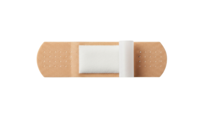 Adhesive bandage with a white absorbent pad and a brown protective backing placed flat against a white background object on white