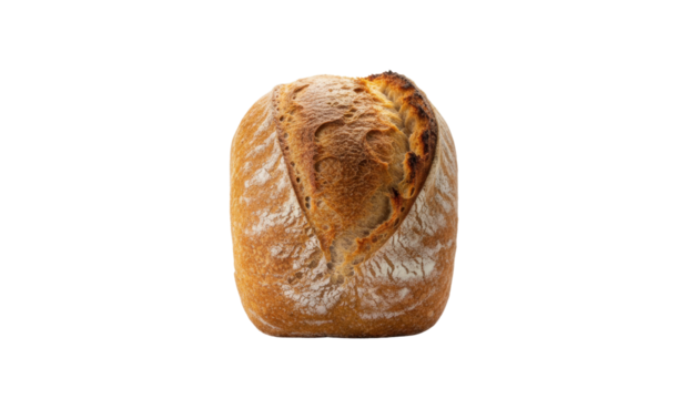 Freshly baked artisanal bread loaf with a golden crust and flour dusting, displayed prominently against a clean background on white