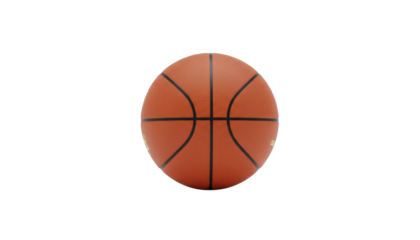 A close up view of a basketball featuring traditional orange color and black lines on a plain white background