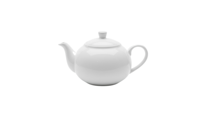 A white ceramic teapot with a round body, curved handle, spout, and lid, isolated on a white background png with transparency