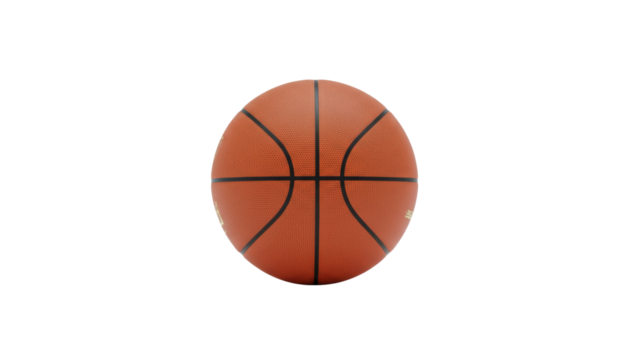 A close up view of a basketball featuring traditional orange color and black lines on a plain white background