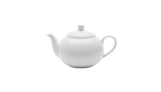 A white ceramic teapot with a round body, curved handle, spout, and lid, isolated on a white background png with transparency