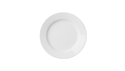 A clean, round white plate centered on a solid white background with no additional elements or decorations present solid white background