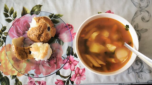 Soup bread breakfast food kitchen cooking dinner lunch tasty breakfast plate vegetables cuisine cooking healthy recipes . High quality