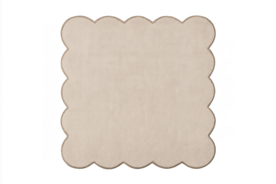 Scalloped beige fabric table mat featuring a natural hemp trim