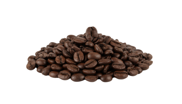 A pile of roasted coffee beans, dark brown in color, clustered together in a small heap, casting shadows on each other. transparent background