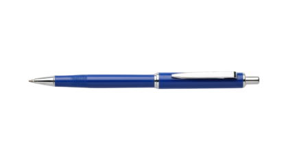Blue ballpoint pen with silver accents lying horizontally on a clean surface, showcasing its sleek design and features object on white