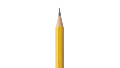 A sharpened yellow pencil standing upright against a plain white background, showcasing its pointed tip and color object on white