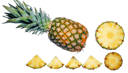 Fresh pineapple with slices arranged in a row, showcasing the fruits vibrant yellow interior and green crown on white